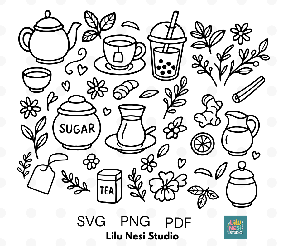 tea time svg bundle with cozy doodle illustrations and botanical accents