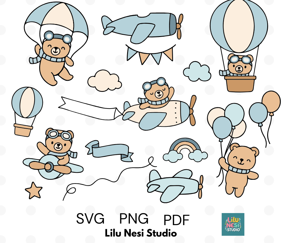 colorful teddy bear adventure svg bundle with airplanes and hot air balloons