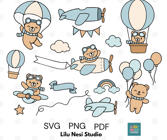 colorful teddy bear adventure svg bundle with airplanes and hot air balloons