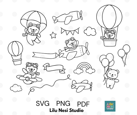 teddy bear adventure svg bundle with airplanes and hot air balloons