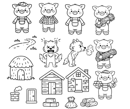 three little pigs illustration set including wolf and houses in black line style