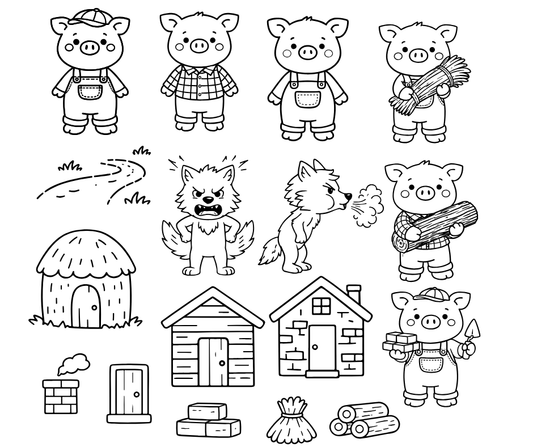 three little pigs illustration set including wolf and houses in black line style