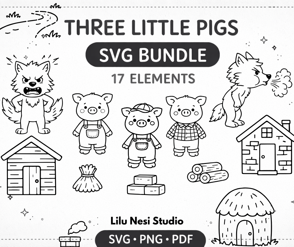 three little pigs svg bundle with cute characters and houses for kids crafts