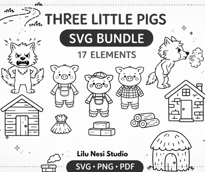 three little pigs svg bundle with cute characters and houses for kids crafts