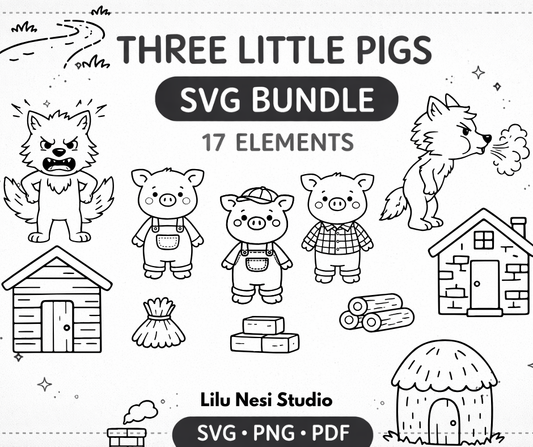 three little pigs svg bundle with cute characters and houses for kids crafts