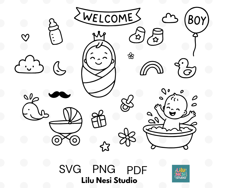 welcome baby boy svg bundle with cute nursery doodle illustrations