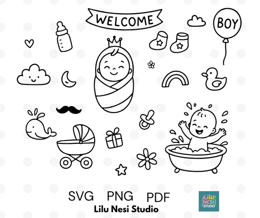 welcome baby boy svg bundle with cute nursery doodle illustrations