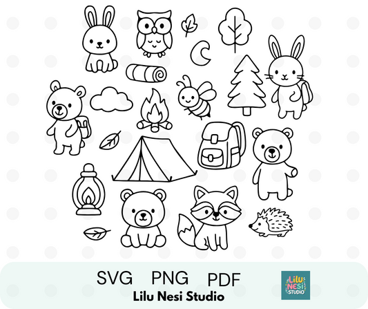 woodland camping svg bundle with cute forest animal doodle illustrations
