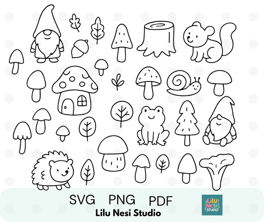cute woodland svg bundle with mushrooms gnomes and forest animals
